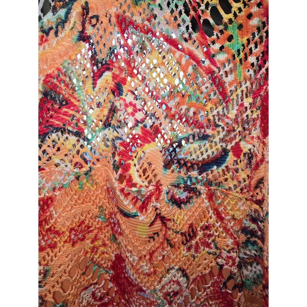 Cato Women Orange Floral Paisley Lace Henley Blouse Roll Tab 3/4 Sleeve Large - Picture 4 of 6